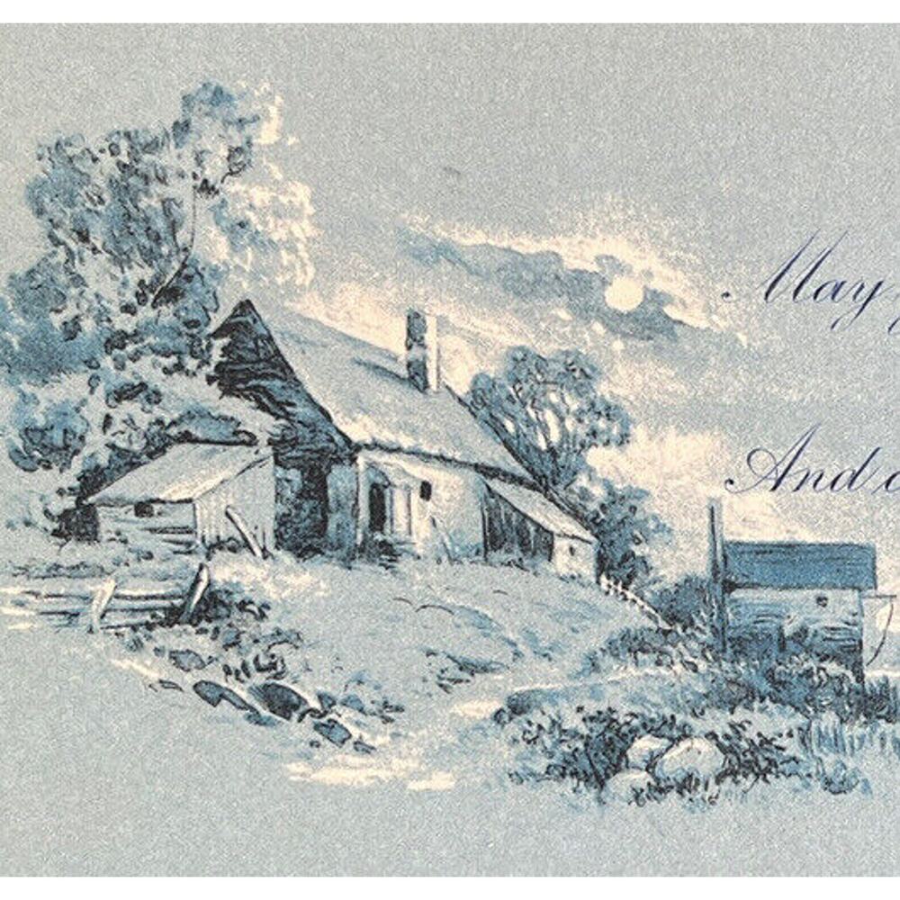 Antique 1912 Ephemera Postcard Blue Winter Countryside Cottage Birthday Wishes